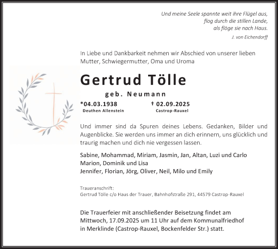 Traueranzeige von Gertrud Tölle von Stadtanzeiger Castrop-Rauxel