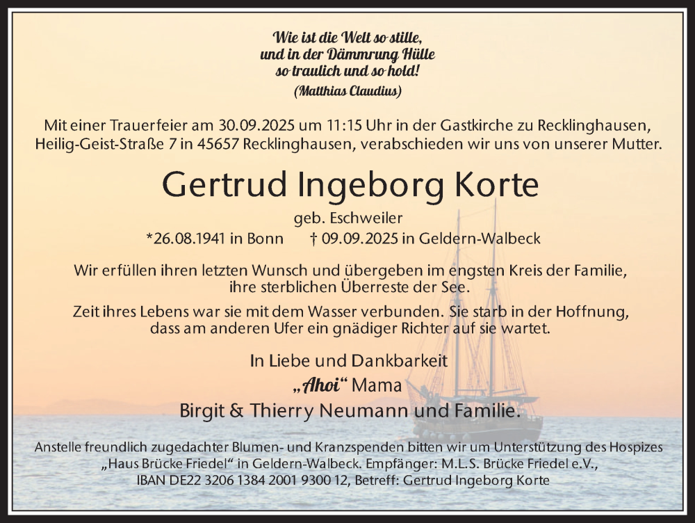  Traueranzeige für Gertrud Ingeborg Korte vom 20.09.2025 aus Trauer Vest