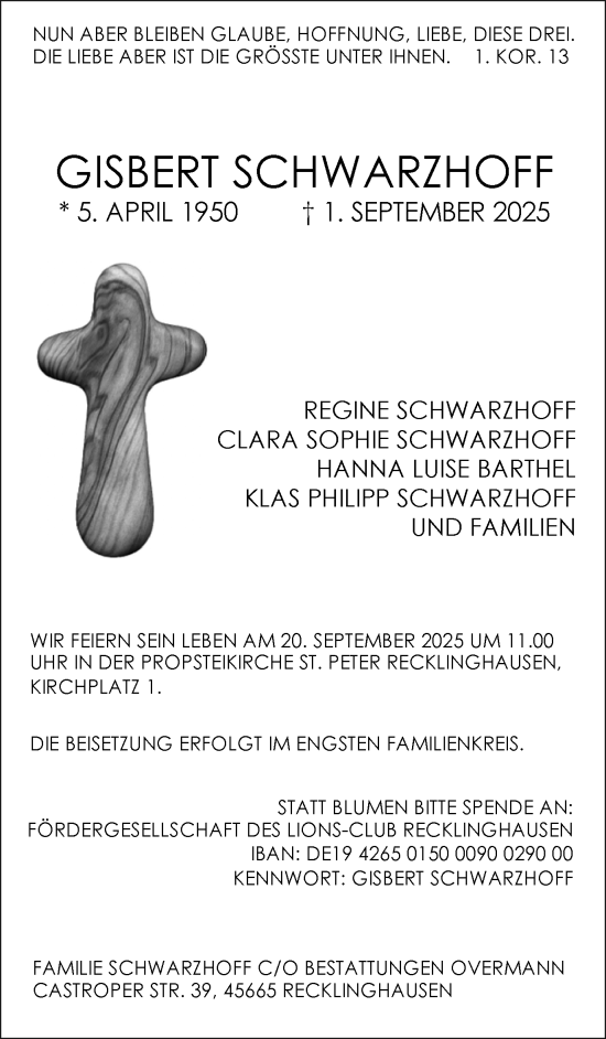 Traueranzeige von Gisbert Schwarzzhoff von Trauer Vest