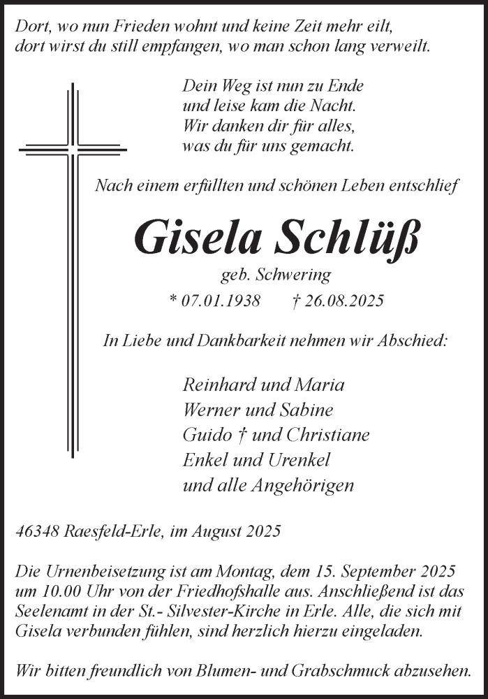  Traueranzeige für Gisela Schlüß vom 06.09.2025 aus Ruhr Nachrichten und Dorstener Zeitung