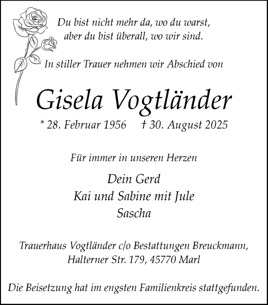 Traueranzeige von Gisela Vogtländer von Trauer Vest
