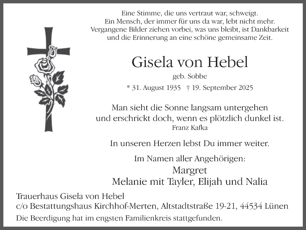  Traueranzeige für Gisela von Hebel vom 27.09.2025 aus Lüner Anzeiger