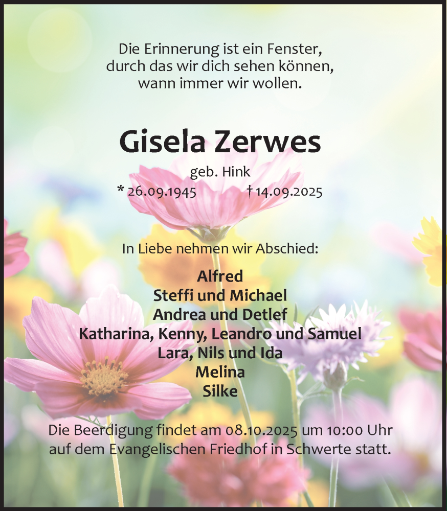  Traueranzeige für Gisela Zerwes vom 27.09.2025 aus Ruhr Nachrichten
