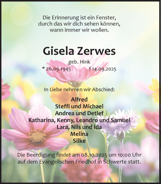 Traueranzeige von Gisela Zerwes von Ruhr Nachrichten