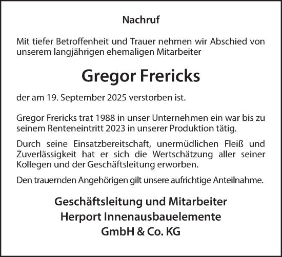 Traueranzeige von Gregor Frericks von Hellweger Anzeiger