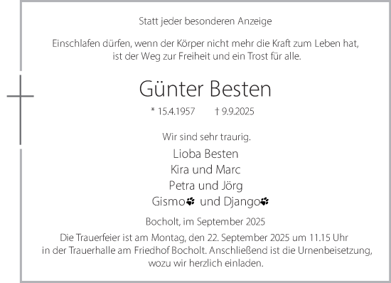 Traueranzeige von Günter Besten 
