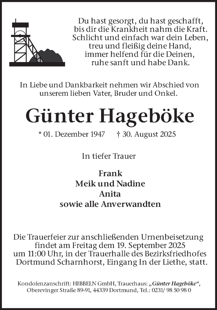  Traueranzeige für Günter Hageböke vom 06.09.2025 aus Ruhr Nachrichten
