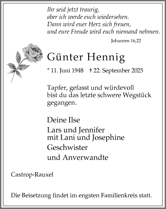 Traueranzeige von Günter Hennig von Stadtanzeiger Castrop-Rauxel