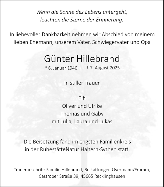 Traueranzeige von Günter Hillebrand von Trauer Vest