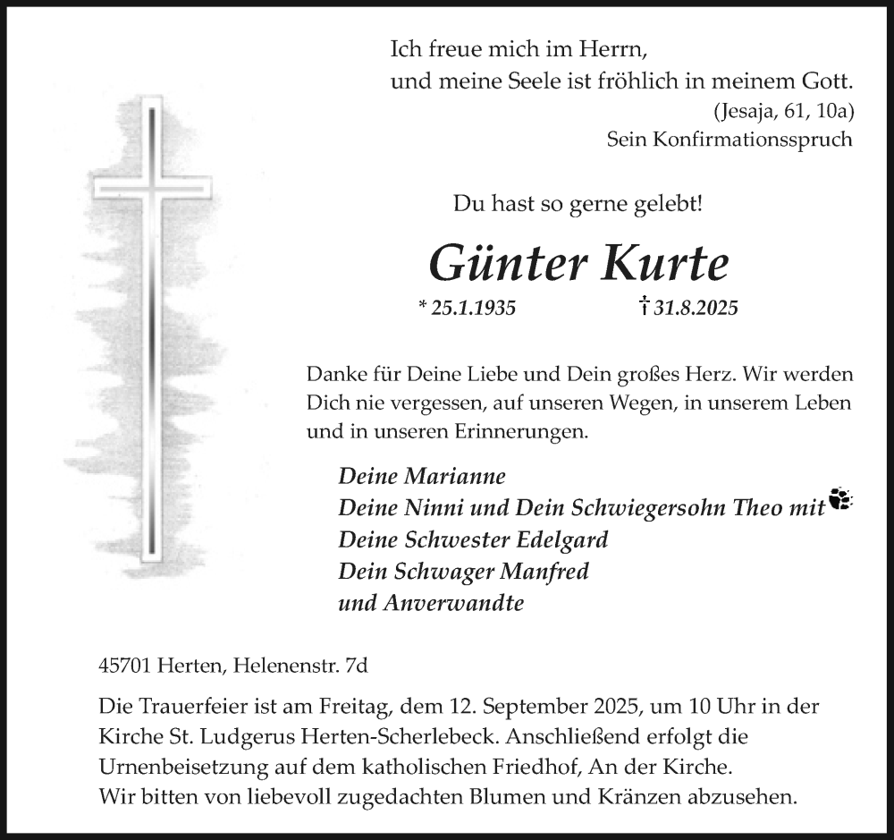  Traueranzeige für Günter Kurte vom 06.09.2025 aus Trauer Vest