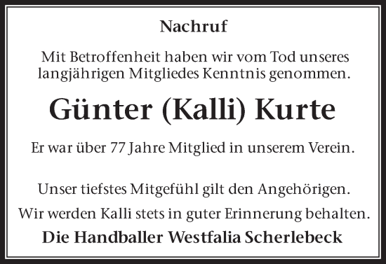 Traueranzeige von Günter Kurte von Trauer Vest