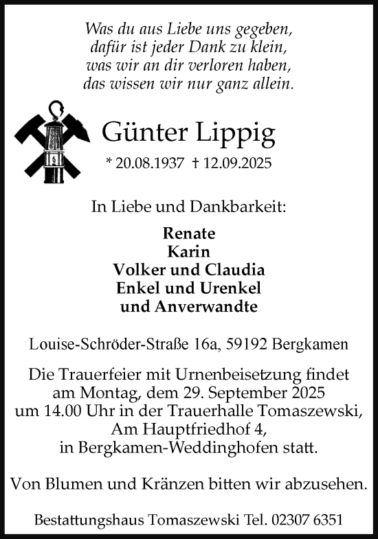 Traueranzeige von Günter Lippig von Hellweger Anzeiger