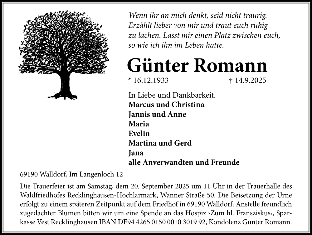  Traueranzeige für Günter Romann vom 18.09.2025 aus Trauer Vest