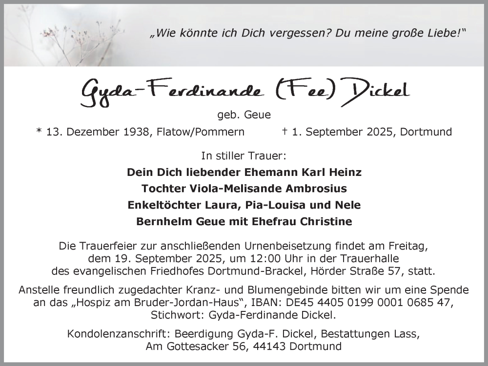  Traueranzeige für Gyda-Ferdinande Dickel vom 06.09.2025 aus Ruhr Nachrichten