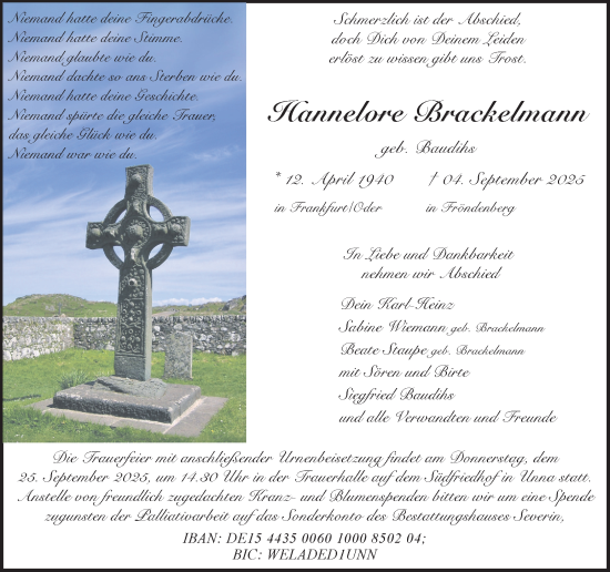 Traueranzeige von Hannelore Brackelmann von Hellweger Anzeiger