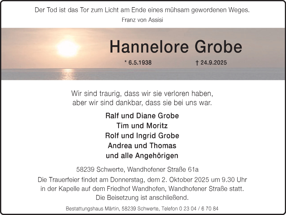  Traueranzeige für Hannelore Grobe vom 27.09.2025 aus Ruhr Nachrichten