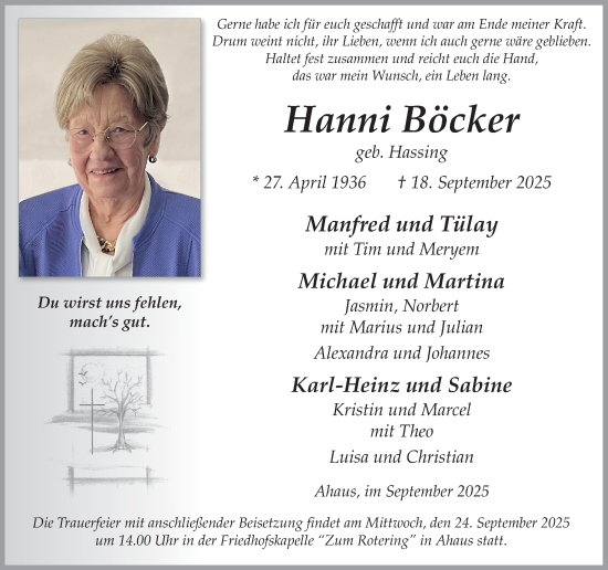 Traueranzeige von Hanni Böcker von Münsterland Zeitung