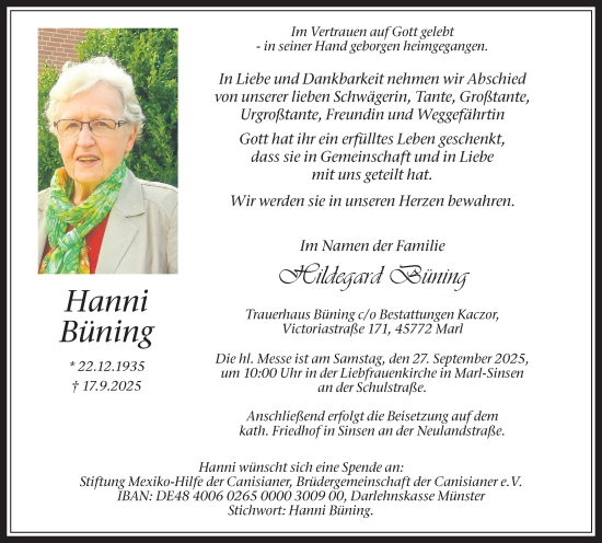 Traueranzeige von Hanni Büning von Trauer Vest