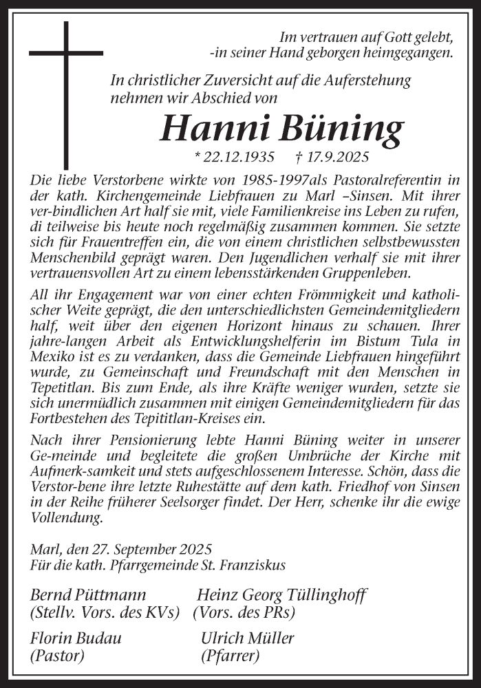  Traueranzeige für Hanni Büning vom 27.09.2025 aus Trauer Vest