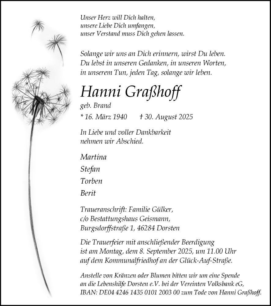  Traueranzeige für Hanni Graßhoff vom 03.09.2025 aus Ruhr Nachrichten und Dorstener Zeitung