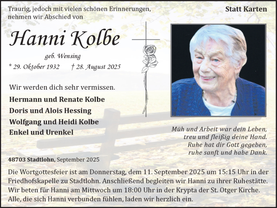 Traueranzeige von Hanni Kolbe von Münsterland Zeitung