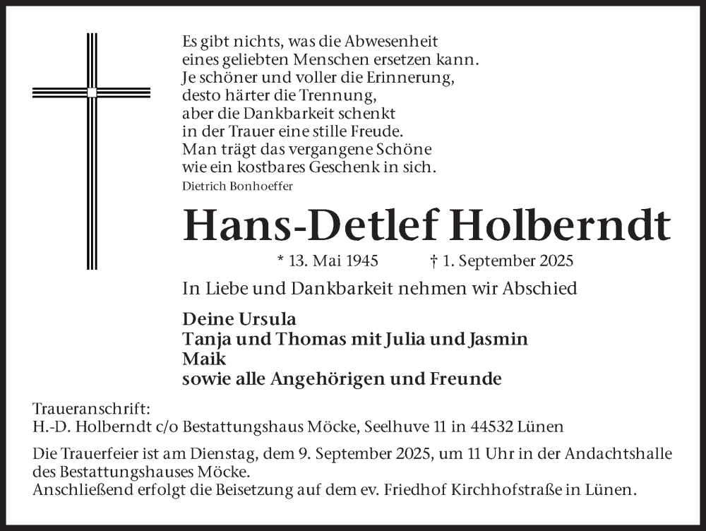  Traueranzeige für Hans-Detlef Holberndt vom 06.09.2025 aus Lüner Anzeiger