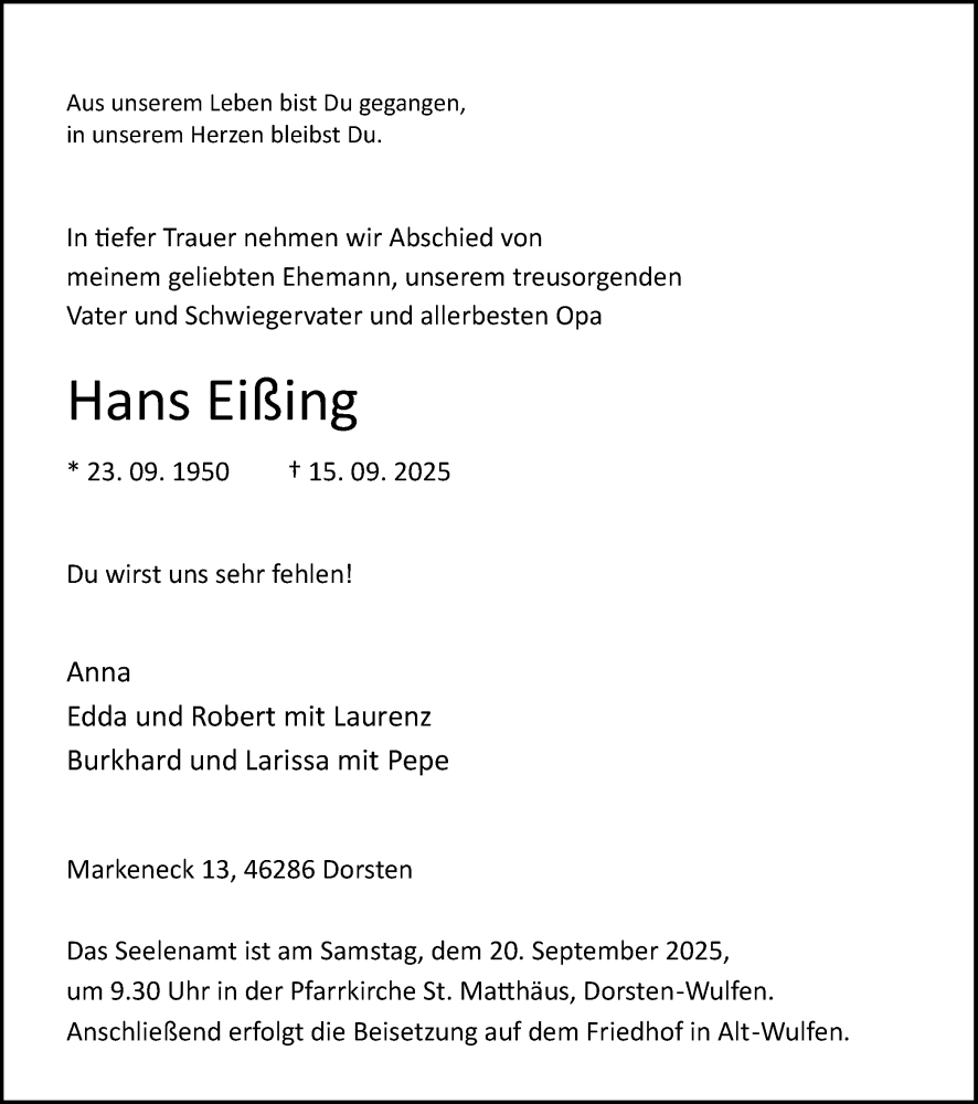  Traueranzeige für Hans Eißing vom 17.09.2025 aus Ruhr Nachrichten und Dorstener Zeitung