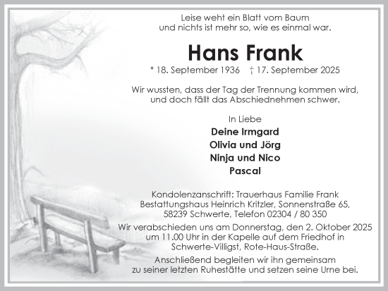 Traueranzeige von Hans Frank von Ruhr Nachrichten