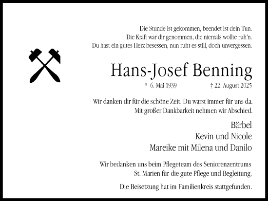 Traueranzeige von Hans-Josef Benning von Ruhr Nachrichten und Dorstener Zeitung