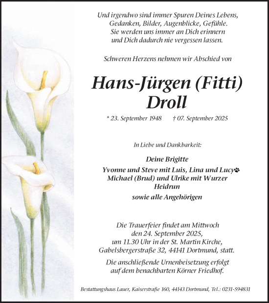 Traueranzeige von Hans-Jürgen Droll von Ruhr Nachrichten