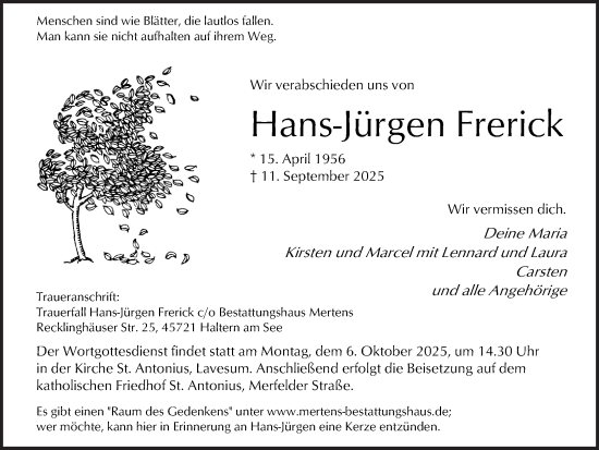 Traueranzeige von Hans-Jürgen Frerick von Ruhr Nachrichten und Halterner Zeitung