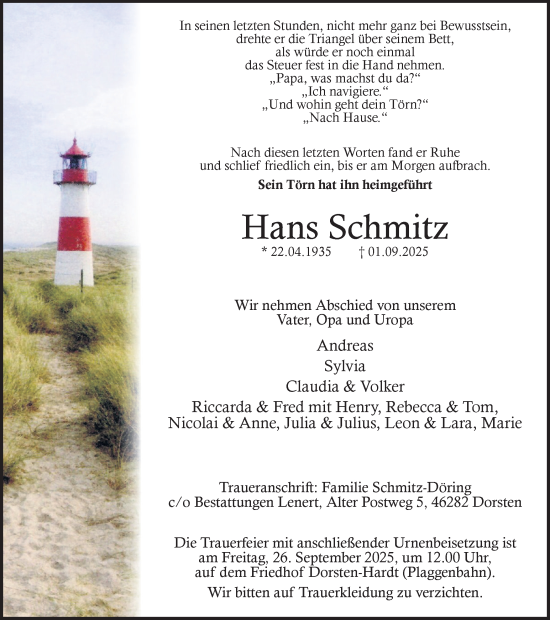 Traueranzeige von Hans Schmitz von Ruhr Nachrichten und Dorstener Zeitung