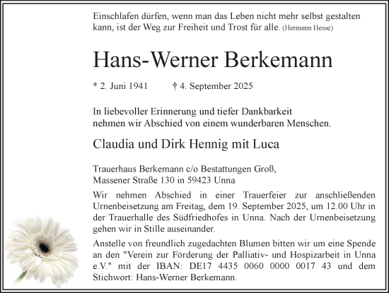 Traueranzeige von Hans-Werner Berkemann von Hellweger Anzeiger