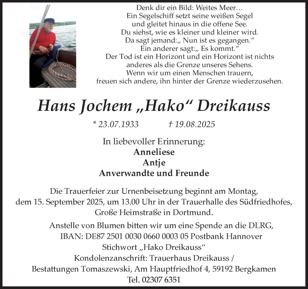  Traueranzeige für Hans Jochem Dreikauss vom 06.09.2025 aus Ruhr Nachrichten