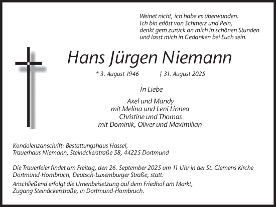 Traueranzeige von Hans Jürgen Niemann von Ruhr Nachrichten