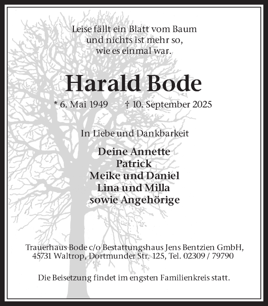 Traueranzeige für Harald Bode vom 20.09.2025 aus Trauer Vest
