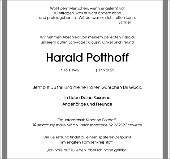 Traueranzeige von Harald Potthoff von Ruhr Nachrichten