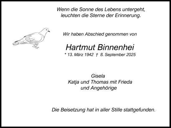 Traueranzeige von Hartmut Binnenhei von Ruhr Nachrichten und Dorstener Zeitung