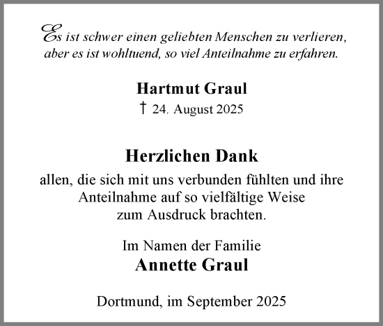 Traueranzeige von Hartmut Graul von Ruhr Nachrichten