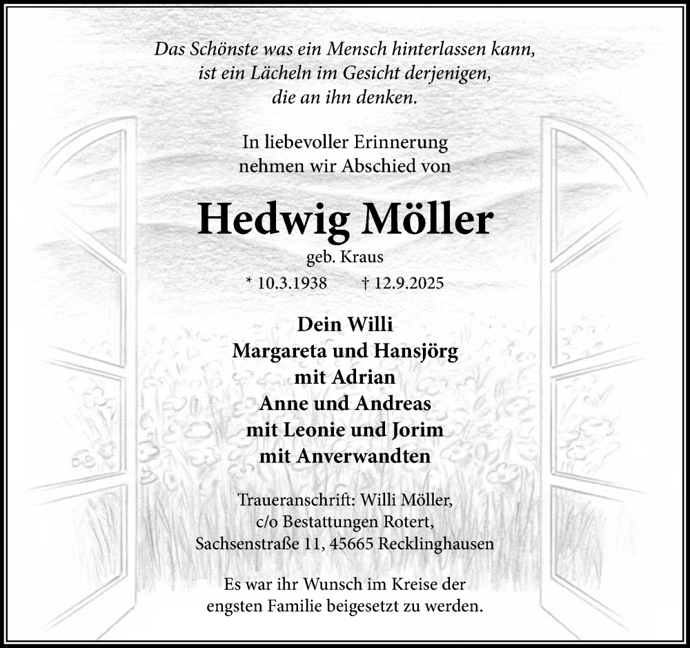  Traueranzeige für Hedwig Möller vom 20.09.2025 aus Trauer Vest