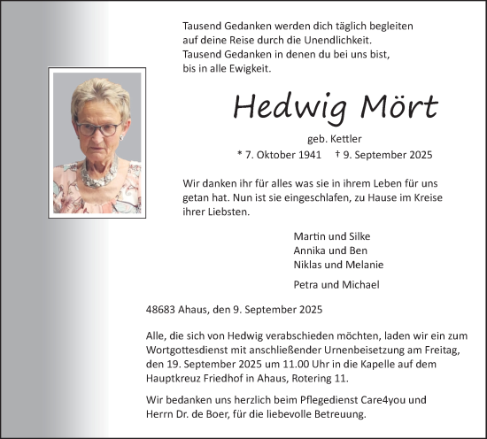 Traueranzeige von Hedwig Mört von Münsterland Zeitung