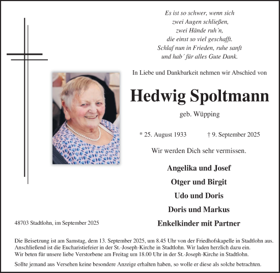 Traueranzeige von Hedwig Spoltmann von Münsterland Zeitung