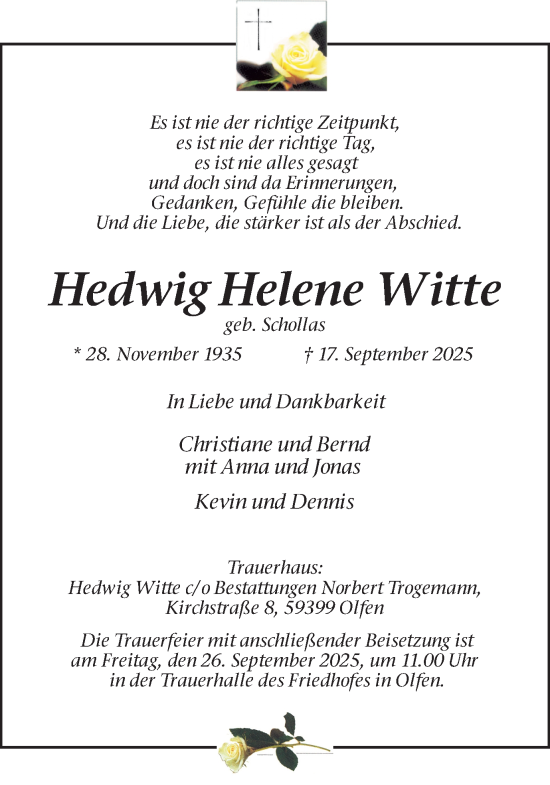 Traueranzeige von Hedwig Helene Witte von Ruhr Nachrichten