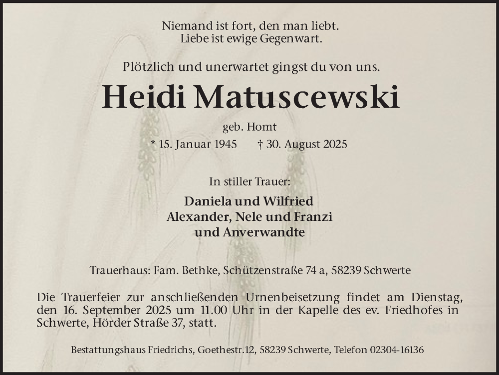  Traueranzeige für Heidi Matuscewski vom 10.09.2025 aus Ruhr Nachrichten