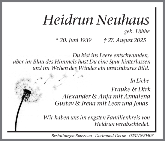 Traueranzeige von Heidrun Neuhaus von Ruhr Nachrichten