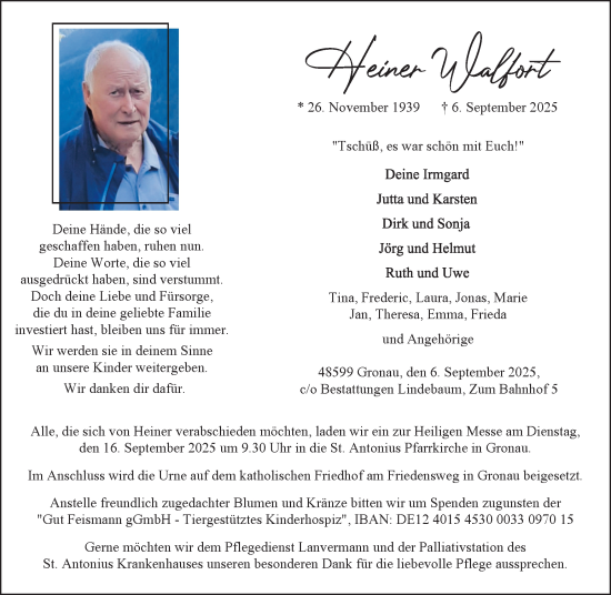 Traueranzeige von Heiner Walfort von Münsterland Zeitung