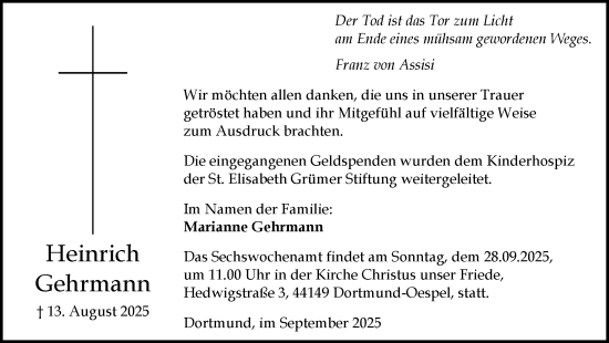 Traueranzeige von Heinrich Gehrmann von Ruhr Nachrichten