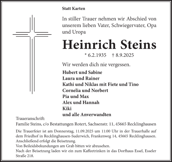 Traueranzeige von Heinrich Steins von Trauer Vest