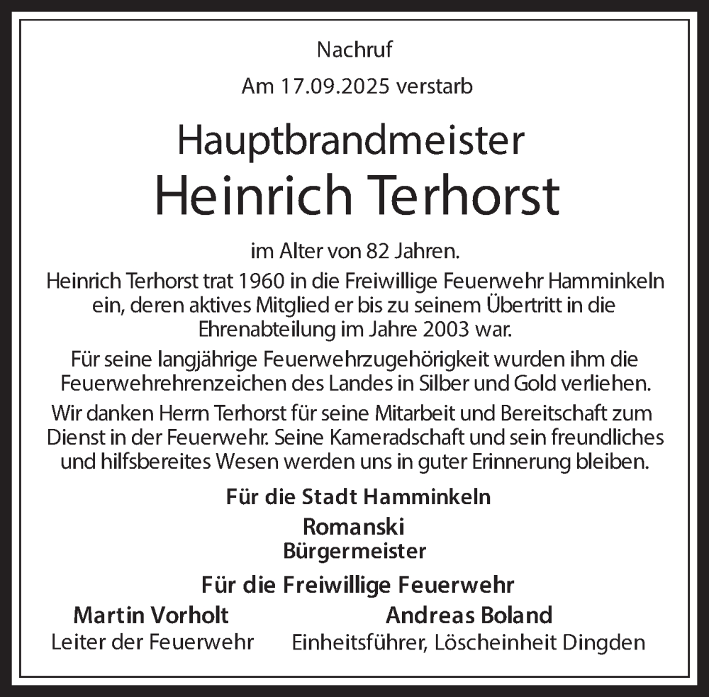  Traueranzeige für Heinrich Terhorst vom 24.09.2025 aus 