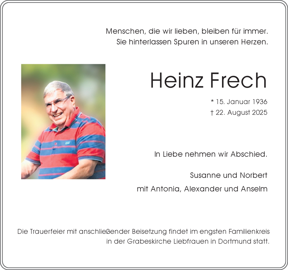  Traueranzeige für Heinz Frech vom 06.09.2025 aus Ruhr Nachrichten